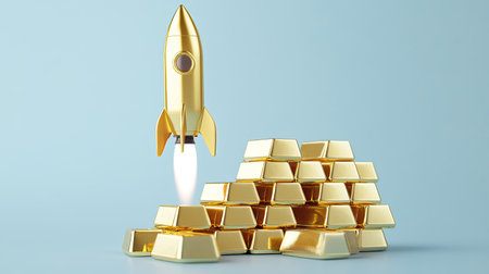Gold bars stacked with a rocket model soaring upwards beside them, symbolizing financial growth, investment success, and rising marketsの素材