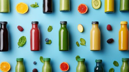 Flat lay of an array of colorful smoothies and juices in bottles on a blue background, promoting healthy living, superfoods, and detoxification.の素材