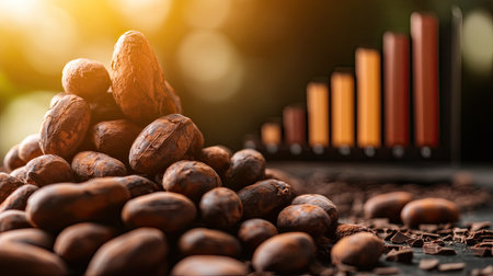 Cocoa beans with a transparent price trend graph, highlighting the economic analysis of agricultural markets and the influence of crop failures on chocolate prices.の素材