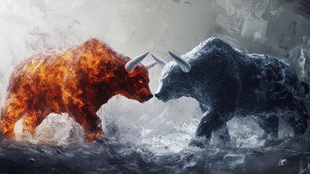 Hot and icy abstract bull and bear forms clashing, symbolizing the extremes of stock market behavior and the volatility of financial trendsの素材