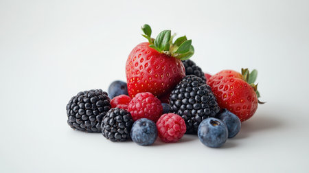Grouped berry fruits, presented in an abstract style on a clean white background, highlighting their natural beauty and variety.の素材