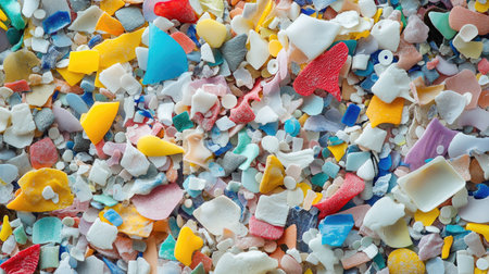 A close-up shot of a pile of microplastics, capturing the tiny fragments with high detail, set against a neutral background to highlight environmental concerns.の素材