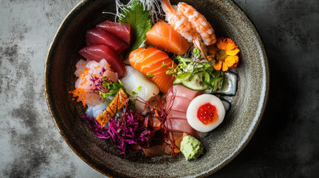 A diverse selection of Japanese sashimi, beautifully arranged on a ceramic plate, showcasing the variety and elegance of traditional Japanese cuisine.の素材