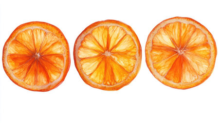 Orange slices, thin and round, seemingly suspended in air, revealing bright, juicy flesh and vibrant colors, isolated on a white background.の素材