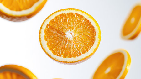 Thin, round slices of a fresh orange, floating in mid-air with vivid details of the juicy flesh and zesty peel, set against a pure white background.の素材