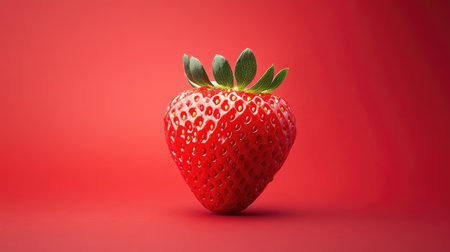 A minimalist composition featuring a perfectly ripe strawberry on a red background, highlighting the fruit's vivid color and fresh appeal.の素材