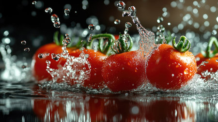 A dynamic shot of fresh cherry tomatoes splashing into water, with droplets frozen mid-air, highlighting the freshness and vibrant color of the tomatoes.の素材