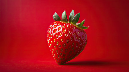 A single ripe strawberry with seeds glistening, placed on a red background, blending the fruit vibrant hues with the backdrop for a visually stunning effect.の素材