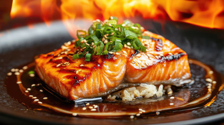 A plate of spicy salmon in rich unagi sauce, captured with a fiery background, showcasing the dish heat and mouthwatering appeal.の素材