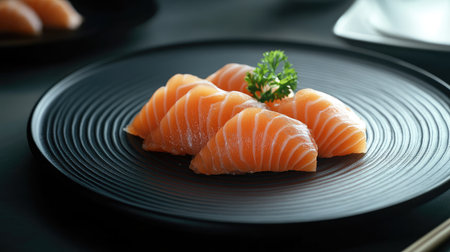 A refined display of salmon sashimi on a minimalist black plate, highlighting the elegance and precision of Japanese culinary art.の素材