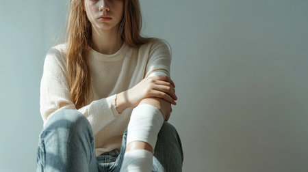 A teenage girl with her right arm in a plaster cast, seated with her face hidden, focusing on the injury and recovery, the scene isolated against a neutral background.の素材