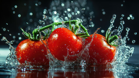Cherry tomatoes captured as they splash out of water, with droplets creating a lively, refreshing scene that emphasizes their natural juiciness.の素材