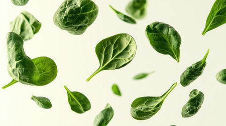 Spinach leaves suspended mid-air, some overlapping, against a white backdrop, creating a fresh, vibrant image that highlights the leaves' natural beauty.の素材