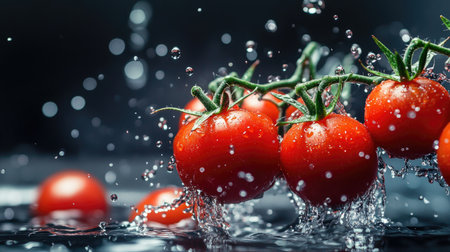 Cherry tomatoes captured as they splash out of water, with droplets creating a lively, refreshing scene that emphasizes their natural juiciness.の素材