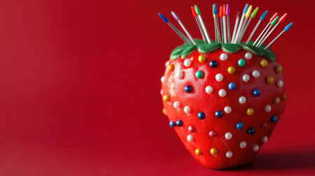 Close-up of a strawberry-shaped pin cushion against a bold red backdrop, with multicolored pins neatly arranged, highlighting the playful designの素材
