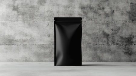 A mockup of a black standing pouch against a cement wall background, creating a sleek and modern aesthetic that emphasizes the bold design of the packaging.の素材