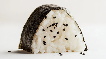 Close-up of a classic onigiri, placed against a white background, showcasing its shape and texture, perfect for promoting Japanese snacks.の素材