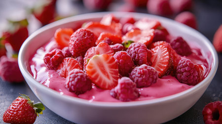 Close-up of a white bowl brimming with strawberries and raspberries, covered in pink sauce, creating a visually appealing and delicious scene.の素材