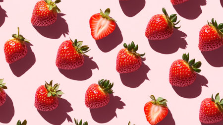 Repeating pattern of strawberries with hard shadows on a soft pink background, creating a playful and eye-catching design, perfect for fruit lovers.の素材