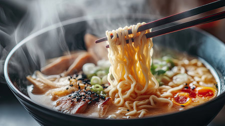 Detailed shot of steaming hot ramen with chopsticks, ingredients clearly visible, isolated against a clean background, perfect for food promotions.の素材