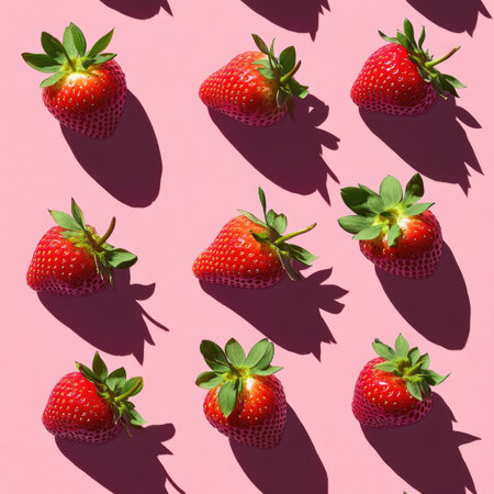 Strawberry Pattern with Hard Shadow on Pink Backgroundの素材