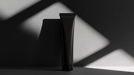 A black toothpaste tube mockup with charcoal cutouts, captured in natural daylight, creating a stark contrast and a bold, modern aesthetic.の素材