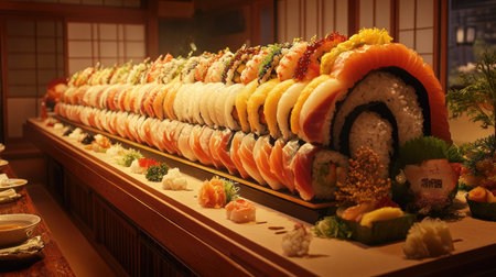 Giant sushi roll displayed in a Japanese restaurant, capturing the essence of traditional sushi-making and the richness of Japanese cuisine.の素材