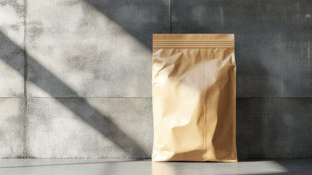 A brown ziplock bag mockup leaning against a cement wall background. The simple yet stylish design showcases the bag's versatility and the rugged texture of the wall.の素材