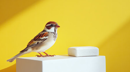 A delicate bird rests next to a sleek white pet food package, the yellow backdrop adding warmth and cheerfulness to the compositionの素材