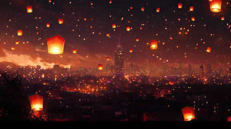 A breathtaking view of the Festival of Lights, with vibrant lanterns illuminating the night sky, and the city tall buildings glowing in the distance.の素材