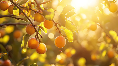 The branches of a plum tree heavy with fruit, basking in the golden sunlight, showcasing the richness of the seasonの素材