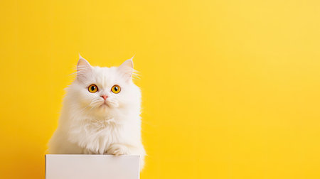 A white Persian cat sits calmly by a minimalistic white food package, the yellow background bringing warmth and brightness to the imageの素材