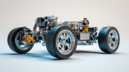 A high-resolution 3D rendering of an electric vehicle motor and suspension in cutaway view, displayed on a white background, emphasizing the complexity and innovation in electric vehicles.の素材