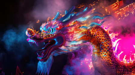 A dramatic illustration of the Tai Hang Fire Dragon Dance, with a massive fire dragon on stage, bathed in colorful lights that enhance the festival's lively atmosphere.の素材