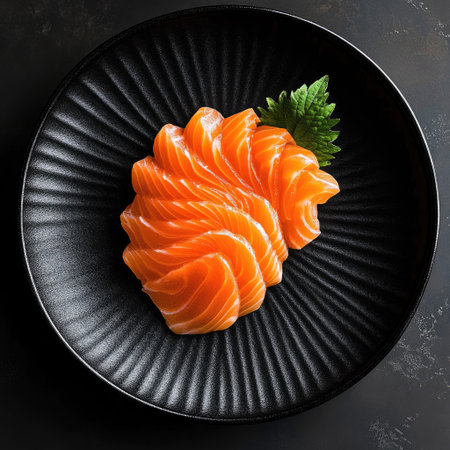 Presentation of Salmon Sashimi Slices on a Minimalist Black Plateの素材
