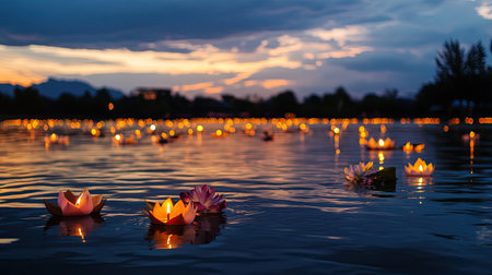 A serene lake illuminated by the soft glow of krathongs with flowers and candles, as they float gracefully on the water during the Loy Krathong Festival.の素材