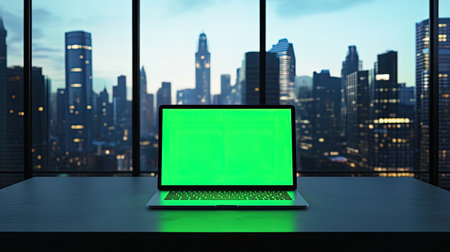 A green screen laptop mockup on a minimalist table, with a breathtaking skyline of skyscrapers in the background, ideal for showcasing digital designs.の素材
