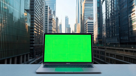 A modern laptop with a green screen, set on a clean table against a backdrop of towering skyscrapers. Perfect for digital presentations or content displays.の素材