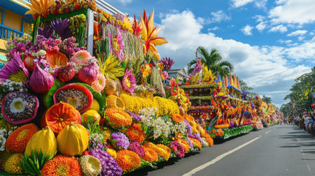 The colorful Kadayawan Festival, where floats decorated with flowers and fruits parade in front of Davao city bright buildings, celebrating the region's bounty.の素材