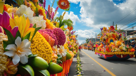 Rows of floats festooned with flowers and fruits at the Kadayawan Festival, moving through the vibrant streets of Davao city, highlighting the region's rich culture.の素材