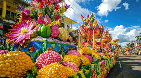 The colorful Kadayawan Festival, where floats decorated with flowers and fruits parade in front of Davao city bright buildings, celebrating the region's bounty.の素材