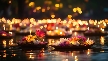 Beautiful krathongs with intricate flower arrangements and candles floating on a tranquil lake, reflecting the enchanting atmosphere of the Loy Krathong Festival.の素材