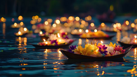 The Loy Krathong Festival by the lake, where beautifully decorated krathongs with flowers and candles drift peacefully on the water, symbolizing hope and renewal.の素材