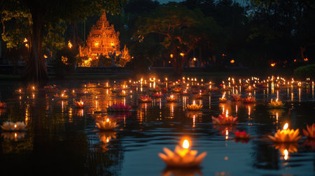 An ancient temple pond lit by the gentle glow of krathongs with flowers and candles during the Loy Krathong Festival, capturing the peaceful ambiance of the eventの素材
