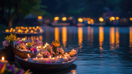 Beautiful krathongs with intricate flower arrangements and candles floating on a tranquil lake, reflecting the enchanting atmosphere of the Loy Krathong Festival.の素材