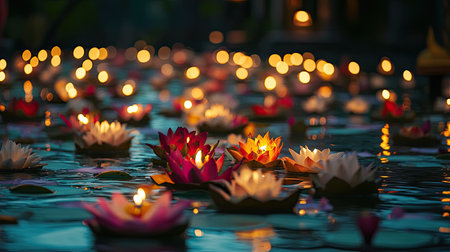 Loy Krathong Festival at an ancient temple, krathongs with flowers and candles floating serenely in the temple pond, creating a spiritual and enchanting atmosphere.の素材