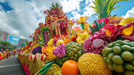 The Kadayawan Festival in full swing, with floats covered in flowers and fruits passing by the colorful Davao city skyline, celebrating the harvest and culture.の素材
