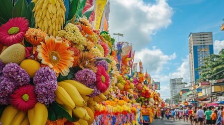 The Kadayawan Festival in full swing, with floats covered in flowers and fruits passing by the colorful Davao city skyline, celebrating the harvest and culture.の素材