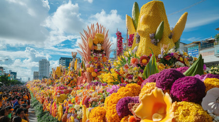 The Kadayawan Festival in full swing, with floats covered in flowers and fruits passing by the colorful Davao city skyline, celebrating the harvest and culture.の素材