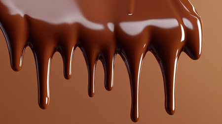 A close-up 3D view of chocolate dripping down an edge, with smooth, shiny surfaces that emphasize the decadent and irresistible appeal of chocolateの素材